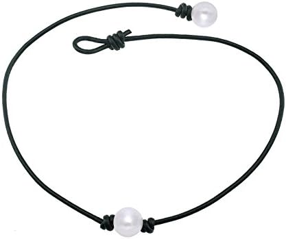 Single Pearl Choker Necklace Handmade Black Leather Cord Chain for Women (16 inch)