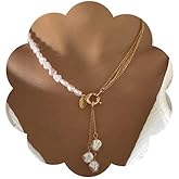 Jumwrit Pearl Layered Necklace Tiny Chain Pearl Pendant Golden Disc Necklace Vintage Costume Accessories for Women