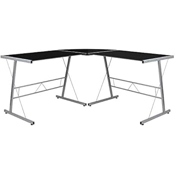 Flash Furniture Black Top Glass L-Shape Corner Computer Desk with Silver Metal Frame - NAN-CD-22181-BK-GG