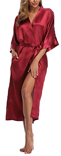 Womens Pure Color Long Satin Bathrobe Kimono Nightgown Long Dress Gown Burgundy