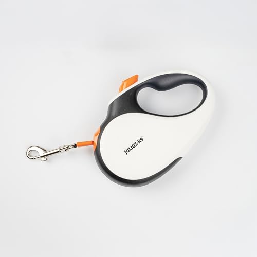 Julius-K9 Retractable Dog Lead, L - 5 m Tape, White/Orange – anti-slip handle, ribbon leash, extandable, one handed brake, pause, lock, reflective ribbon, tangle free, heavy duty