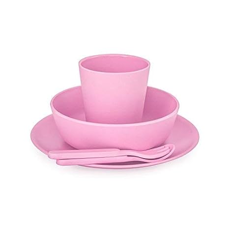 Bobo&Boo Bamboo Boys and Girls Plate, Bowl, Cup, Spoon & Fork Dinnerware Set, Blossom (Pink) - 5 Piece