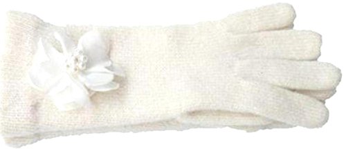 Winter White Angora Gloves Trimmed with Pearl Center Chiffon Flower