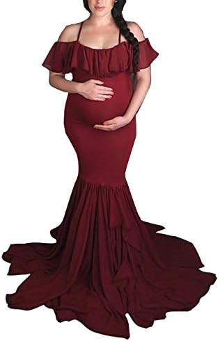 Maternity Off Shoulder Strappy Ruffle Maxi Photography Dress Elegant Fitted Mermaid Gown for Photoshoot Baby Shower