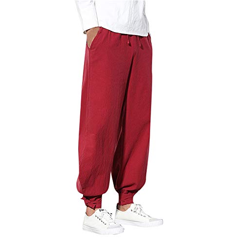 Mens Casual Trousers Cotton Linen Small Feet Loose Casual Lantern Harem Pants Red - Thumbnail 6