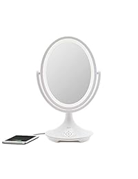 iHome Beauty Espejo de tocador todo en uno, 5.9 in de doble cara con audio Bluetooth, altavoz y carga USB