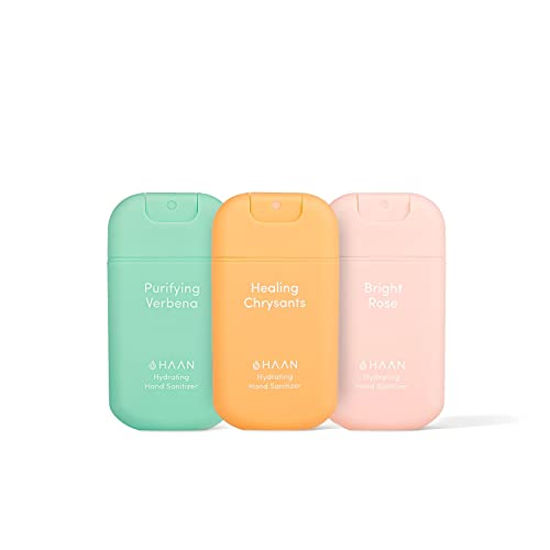 HAAN - Confezione 3 Spray igienizzante per le mani idratante con aloe vera - Hand sanitizer ricaricabile Chrysants + Rose + Verbena 3x30ml