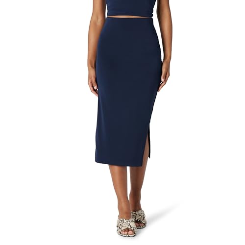 Amazon Essentials Women's Slim-Fit Ruched Matte Jersey Midi Skirt, Navy, Large