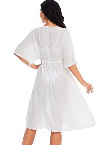 BREEZY LANE LONG BEACH DRESSES FOR WOMEN WHITE V NECK SHORT SLEEVE SWIMSUIT COVERUP RESORT WEAR FOR VACATION