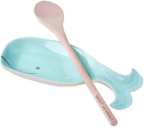 Mozlly Multipack - Two's Company Might as Whale Aqua Blue Whale Ceramic Spoon Rest with Wooden Spoon - 7 x 3.25 x 1 inch - Nautical Kitchen Accessories (2pc Set) (Pack of 6)
