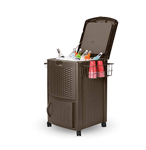 Suncast Wicker Outdoor Cooler with Wheels - Portable Outdoor Bar Cart to Store Ice, Drinks, and Frozen Treats - Store on Deck or Patio - Dark Brown