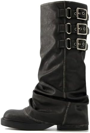 靴 GRANCY Fold-over Leather Shoes size42 Amazon.com | MissHeel Fold Over Boots with Buckles Mid Calf Riding