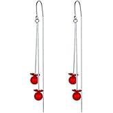 Red Ball Flower Threader Dangle Earrings Long Tassel Earrings Chinese Style Fashion Statement Wedding Prom Silver Drop Earrings for Women Wedding Bridal Jewelry Gift