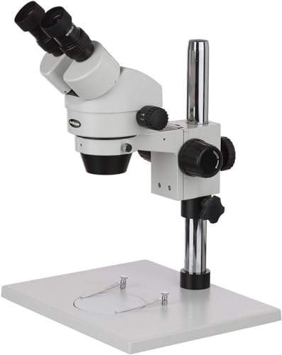 AmScope SM-1B Professional Binocular Stereo Zoom Microscope, WH10x Eyepieces, 7X-45X Magnification, 0.7X-4.5X Zoom Objective, Ambient Lighting, Large Table Pillar Stand