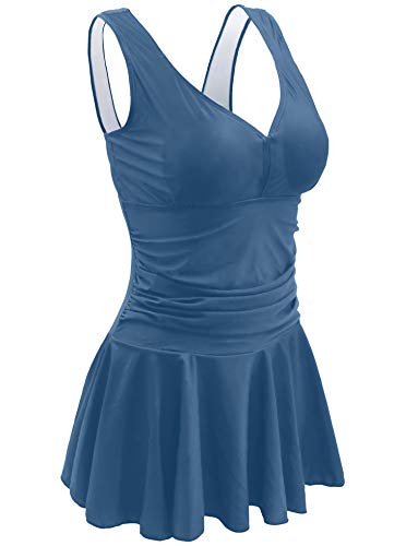 AONTUS Plus Size Swimsuits for Women Tummy Control One Piece Tankini Bathing Suit M US Size:8-10 Soot Blue