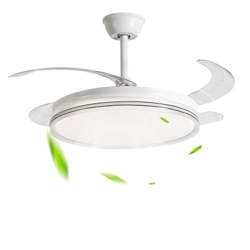 Megaluz F2016-42 Ventilador de Techo Retráctiles de 42 Pulgadas Abanico de Techo con Luz LED, 3000K-6500K Luz Amarilla Cálida a Luz Blanca Fría, Control Remoto y App, 6 Velocidades