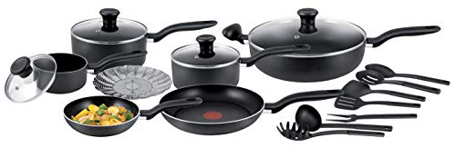 T-fal D193SC55 Simply Cook Non-Stick 18pcs Cookware Set, Black, Large