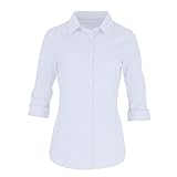 Button Down Shirts For Women By Pier 17 - Tailored, 3/4 Sleeve Shirt With Stretch - Semi Fitted For Slim, Fit Look - 97% Cotton and 3% Spandex - Lightweight and Soft Materials (Medium, White)