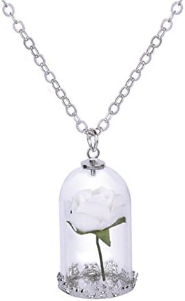 Womens Girls Beauty and the Beast Belle Cosplay Rose in Dome Glass Pendant Necklace Chain (White)
