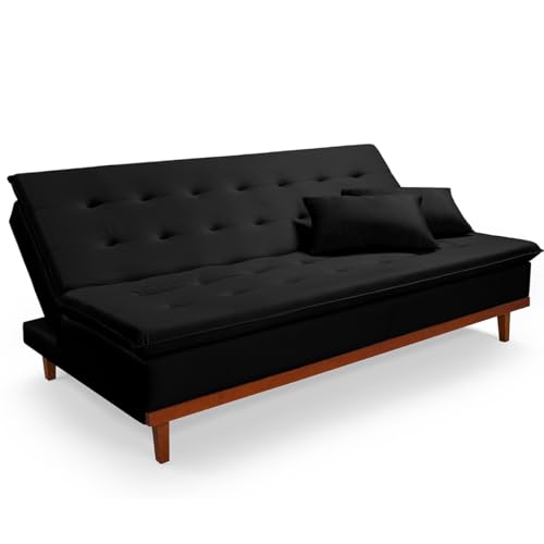 Sofá-Cama Reclinável 3 Lugares Santorini em Veludo Casal com Pés de Madeira (PRETO)