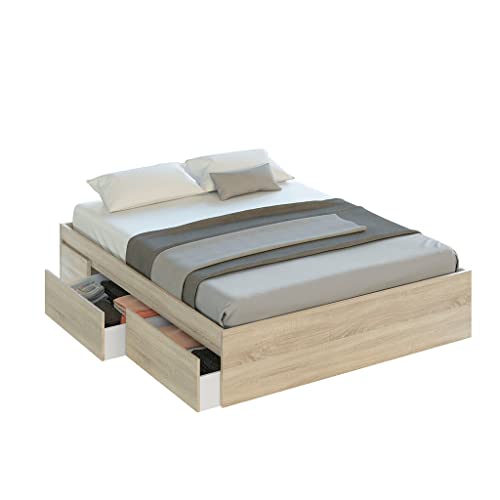 Cadre de lit avec 4 tiroirs, lit double, modèle Kendra, finition en couleur chêne canadien, mesures : 156 cm (L) x 196 cm (P) x 37 cm (H)