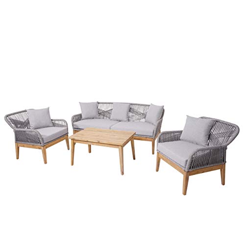 Mendler Gartengarnitur HWC-H56, Lounge-Set Sitzgruppe Sofa, Seilgeflecht Rope Holz Akazie Spun Poly FSC- Kissen hellgrau