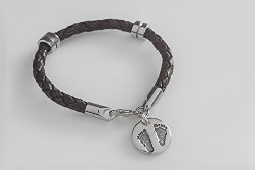 Personalized Charm Leather Bracelet for Men with Yours or Your Own Child's Handprint and Footprint Impressions