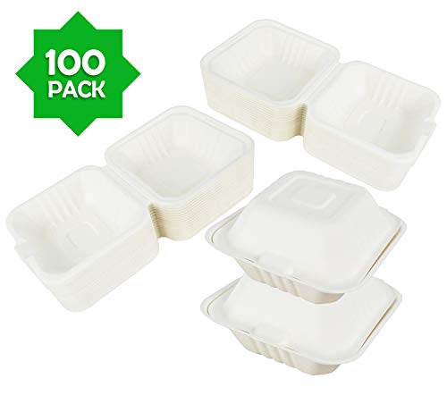 Green Earth 6-Inch, 100-Count, Compostable Clamshell, Natural Bagasse (Sugarcane Fiber), Take-Out/To-Go Food Boxes - Biodegradable Containers, Hinged Lid - Microwave-Safe - Gluten-Free - Eco-Friendly