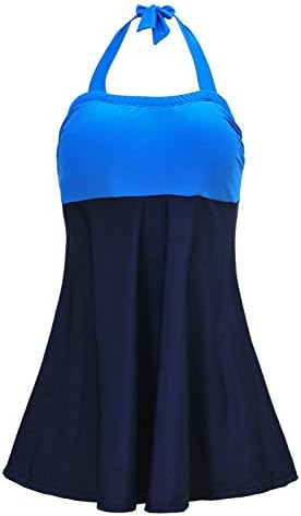 Lemu Women's Halter Neck High Waisted Swimsuits One Piece Skirtini Cover Up  Blue-Black 3X-Large(US 20-22)