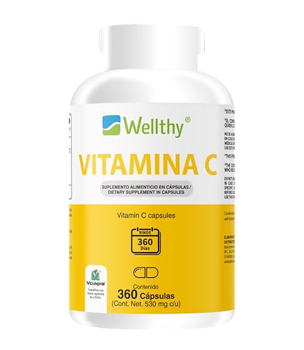 Wellthy Vitamina C 360 Cápsulas. 300mg, Solo 1 Cápsula al día, Casi un Año de Consumo, VCaps Capsulas Veganas. Hecho en Planta Certificada