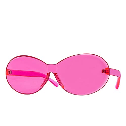 One Piece Oval Candy Colorful Sunglasses Transparent Rimless Round Clout Goggle Glasses (Pink)