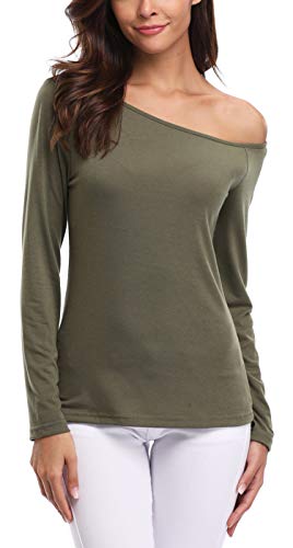 Women's Off Shoulder Long Sleeve Slim Fit Shirt Blouse Top Olive Green S
