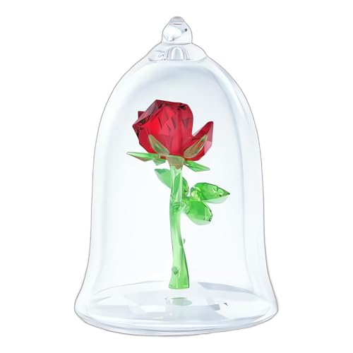 Swarovski Beauty and The Beast Enchanted Rose, Red and Green Crystal with Clear Base and Mouth-Blown Glass Bell Jar, Part of The Beauty and The Beast Collection