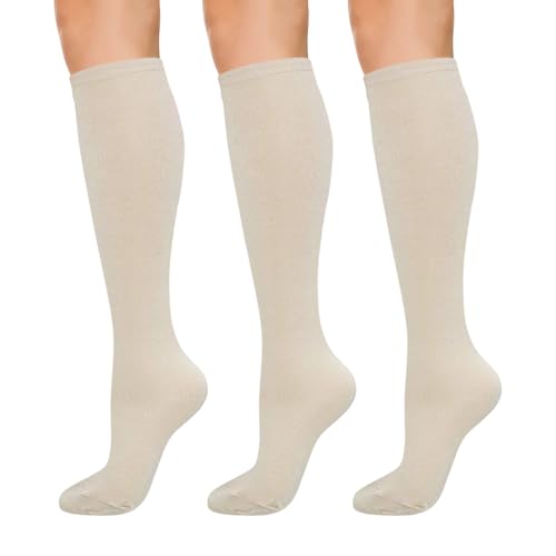 KONY Women's Cotton Knee High Socks - Casual Solid & Striped Colors Fashion Socks 3 Pairs (Women’s Shoe Size 5-9)