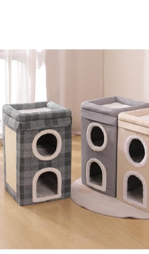 Cat House for Indoor, 3-Level Covered Cat Condo with Scratch Pad and Hideaway Cave, Cat Bed &Furniture for Multi Pets and Large Cats, 15.3 * 15.3 * 26 inches, Cat Playground Play Center, Grey