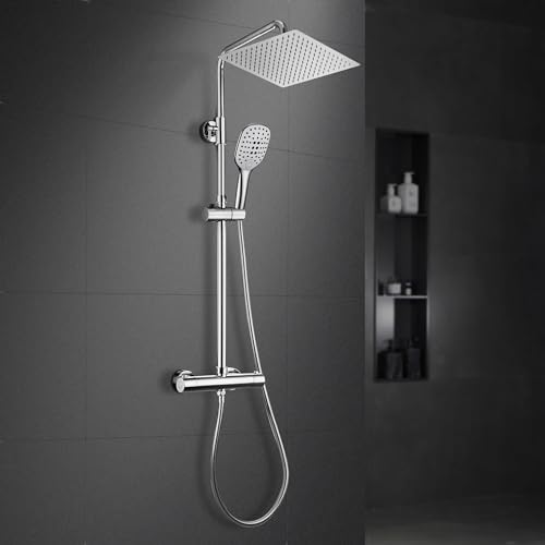 Görbach Regendusche Duschsystem mit Thermostat, Kopfbrause 25x25 cm Chrom