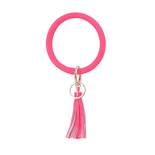 Coolcos Wristlet Keychain Bracelet Bangle Keyring - Large Circle Key Ring Leather Tassel Bracelet Holder For Women Girl (Rose Red) - Thumbnail 2