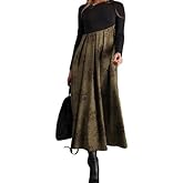 Womens Casual Boho Floral Long Sleeve Maxi Dress Fall Winter Spring Plaid A-line Swing Empire Waist Pleated Dresses for Women