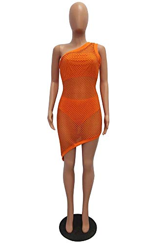 Kafiloe 3 Pieces Swimwear for Women Bandeau Top + Bikini Bottom + Mesh See Through Cover Up Dress Orange 3XL