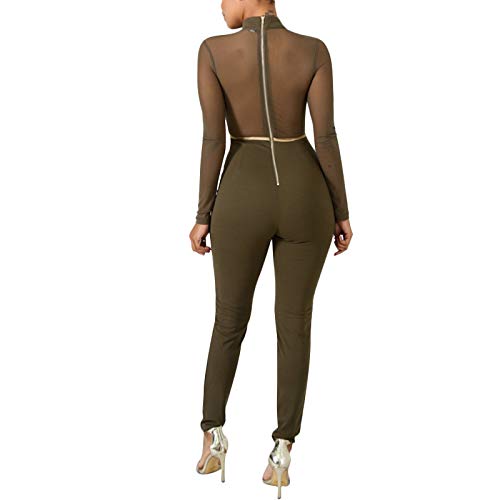 ThusFar Womens Long Sleeve Bodycon Jumpsuits - Sexy Mesh Patchwork Lace Up Romper Army Green Small