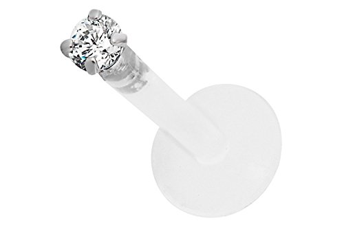 Forbidden Body Jewelry 16g 8mm BioFlex Tragus Earring, Helix Earring and Labret Piercing Stud, 2mm Clear CZ Crystal