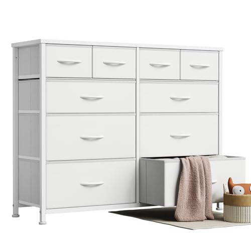 YeTom Dresser for Bedroom with 10 Drawers, 4-Tier Wide Storage Chest of Drawers with Removable Fabric Bins for Closet Nursery Bedside Living Room Laundry Entryway Hallway, White