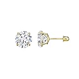 14kt Solid Yellow Gold Superbright Clear Cz Basket Setting Round Screwback Stud Earrings