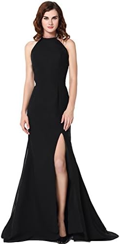 Vegeron Women's Halter Top Mermaid Evening Prom Dress for Juniors with High Slit Black Size 8