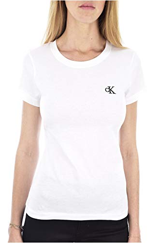 Calvin Klein Jeans T-Shirt Femme Manches Courtes Ck Embroidery Encolure Ronde, Blanc (Bright White), XS