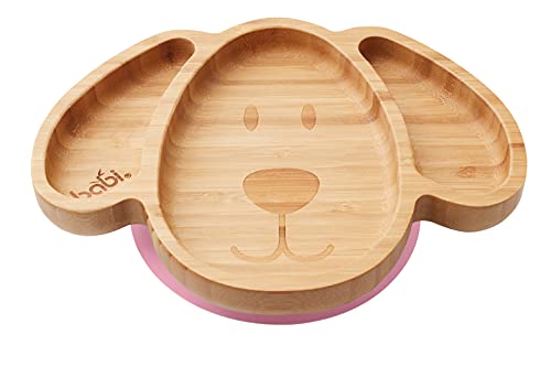 BABI® Baby Toddler Large Dog Plate, Natural Bamboo, with Stay Put Silicone Suction Ring (Pink)