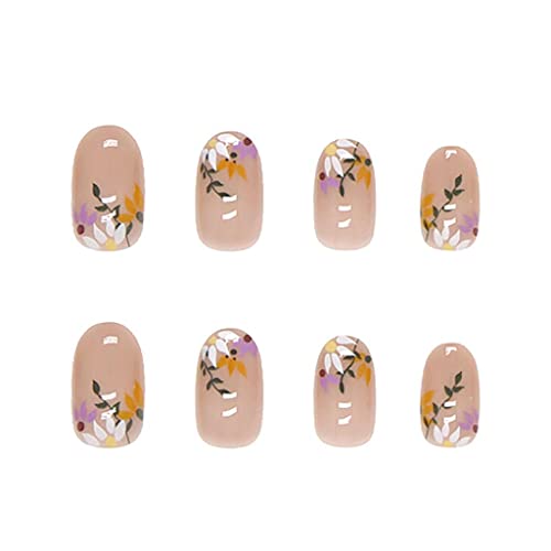 RikView French Tip Press on Nails Medium Acrylic Nails with Flowers Design Almond Fake Nails Nude Nails for Women - Image 2
