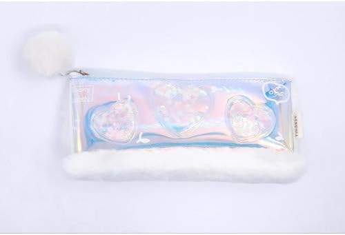 R H lifestyle Fur Heart Shaped Transparent Water Glitter Pouch with Pom Pom Keychain for Girls Stationery School Best Return Gift for Party Pouch (White)