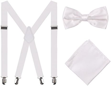 Men Suspenders, 25mm X Back Elastic Adjustable Unisex Suspenders with Pre Tied Bow Tie and Pocket Square Set, White