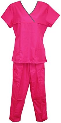 Women Medical Salon Uniform Scrub Set Adjustable Fit Top and Pant S-XL (LB-224) Hot Pink M